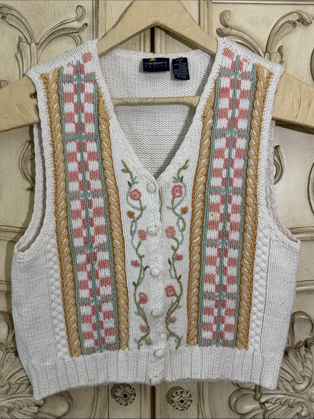 Liz Sport 90”s Vintage 100%COTTON 
 Floral-Embroidered Vest Sweater S-S